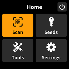 The v0.5.0 home screen: a 2x2 grid of icon-labeled tiles for Scan, Seeds, Tools, and Settings on a dark background, with a power icon in the navbar