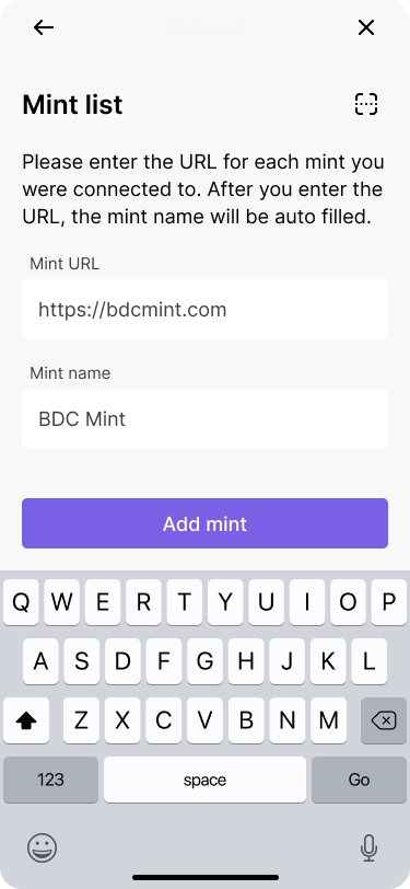 A mobile wallet interface that shows a user entering a mint url and the mint name automatically populating.